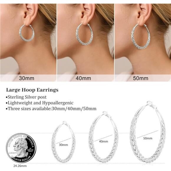 Silver Hoop Earrings for Women Hypoallergenic 925 Sterling Silver Post - Picture 5 of 7